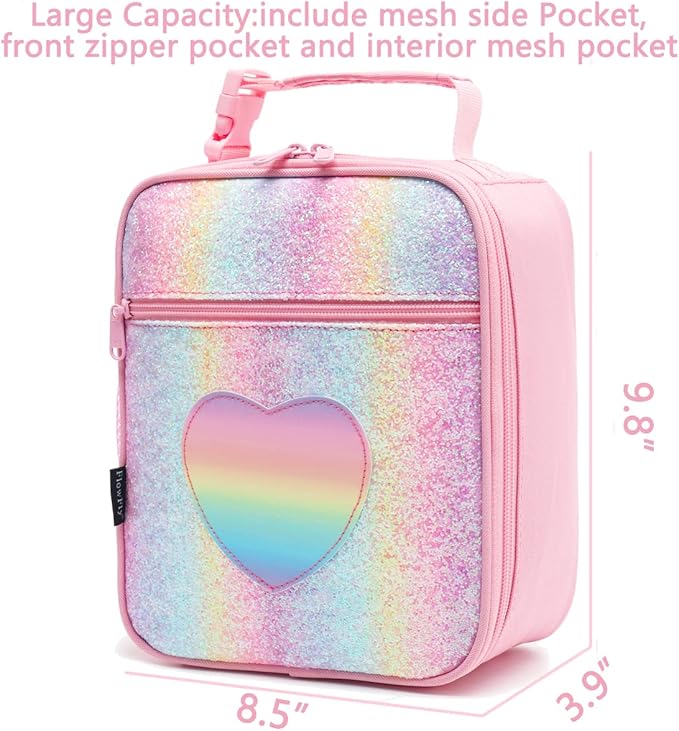 FlowFly Kids Lunch box Insulated Soft Bag Mini Cooler Back to School Thermal Meal Tote Kit for Girls, Boys, Glitter-RainBow