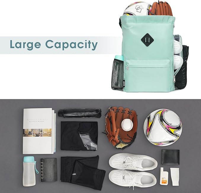 WANDF Drawstring Backpack Sports Gym Bag with Shoes Compartment, Water-Resistant String Backpack Cinch for Women Men (Large,Mint green)