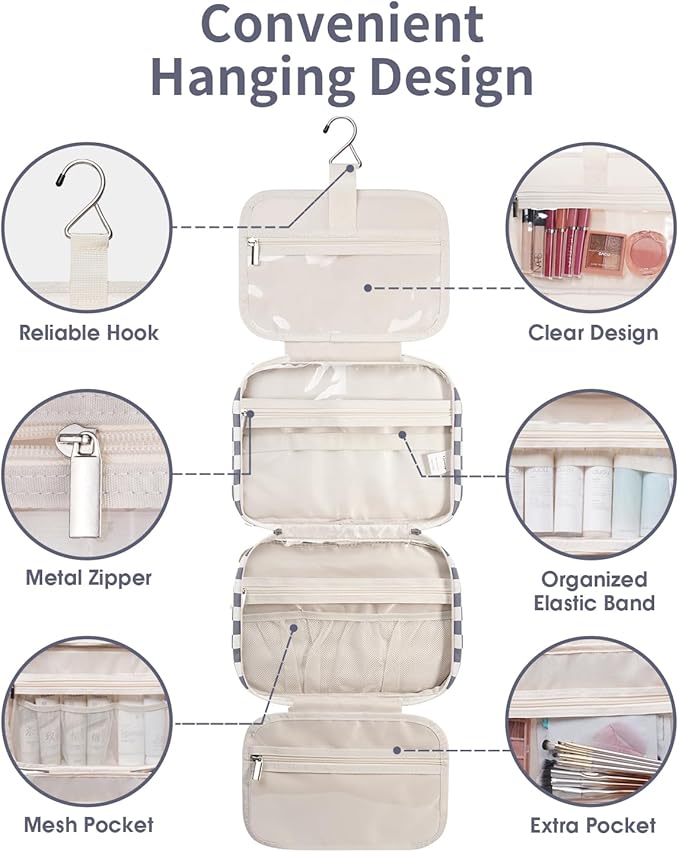 Narwey Travel Toiletry Bag for Women Large Hanging Makeup Bag Organizer Toiletries Bag for Full Size Essentials Accessories Cosmetics (Grayish Blue Checkerboard (Large))