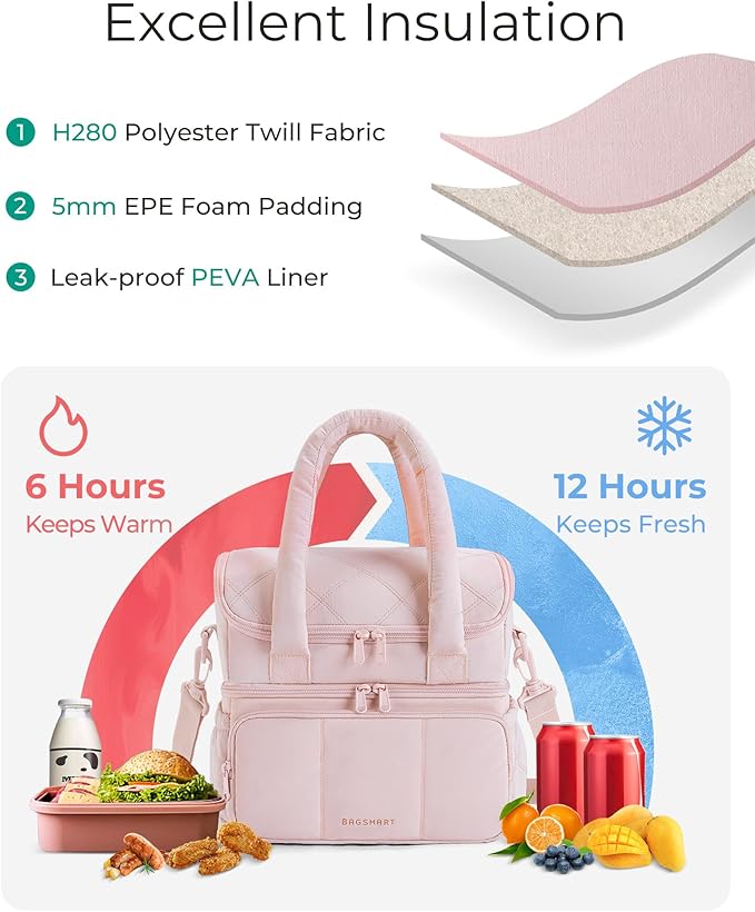 BAGSMART Lunch Bag Women, Double Deck Insulated Lunch Box, Quilted Puffer Lunch Tote, Leakproof, Durable & Reusable Large Lunch Cooler For Work Picnic Travel Meal Prep, Dark Pink
