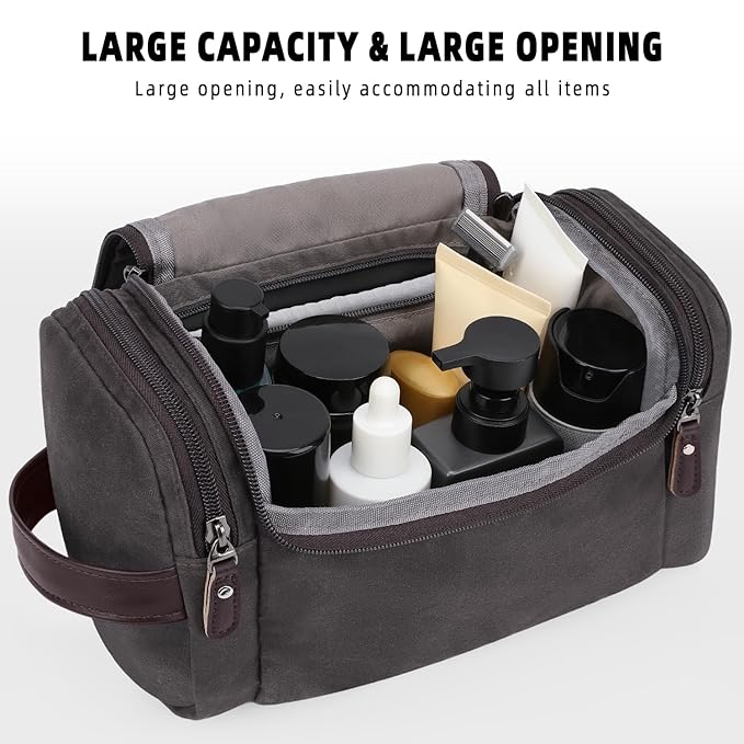 ZOMFELT Travel Toiletry Bag for Men, Travel Essentials Shaving Dopp Kit, Canvas Mens Toiletry Travel Bag, Water Resistant Cosmetic Bag for Toiletries Accessories, Dark Grey