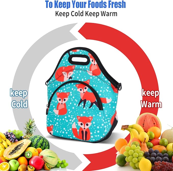 Violet Mist Neoprene Lunch Bag, Snow Fox, Unisex, Meal Holder, 12.6"L x 11.8"H x 6.14"W, Adjustable Shoulder Strap, Easy to Clean, BPA-Free, Eco-Friendly
