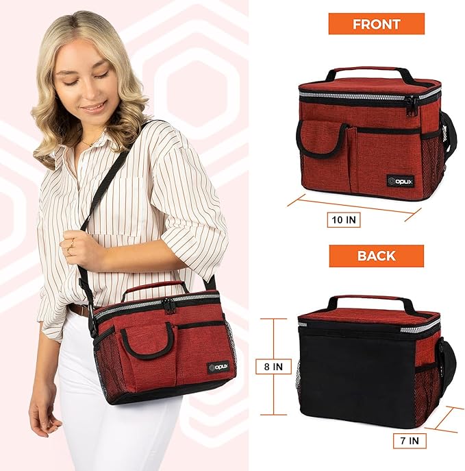 opux Insulated Lunch Bag for Men Women, Leakproof Heather Red Lunch Box for Work, Portable Soft Lunch Cooler Bag with Shoulder Strap, Adult Lunchbox Lunch Pail for Kid Boy Girl School, 14 Can/8L