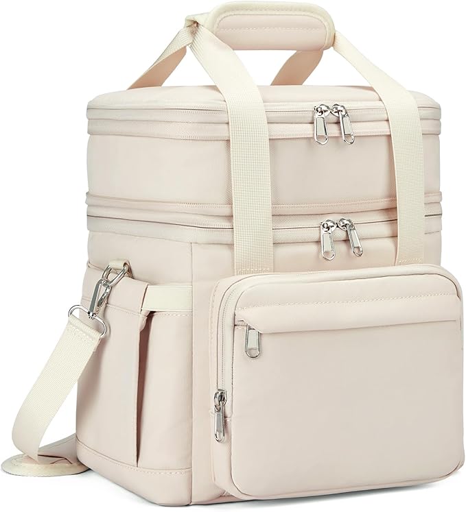 Insulated Lunch Box for Women - Reusable Modern Double Deck Lunch Bag Adults Expandable Heavy Duty Lunch Cooler Tote for Work Office Picnic,Beige