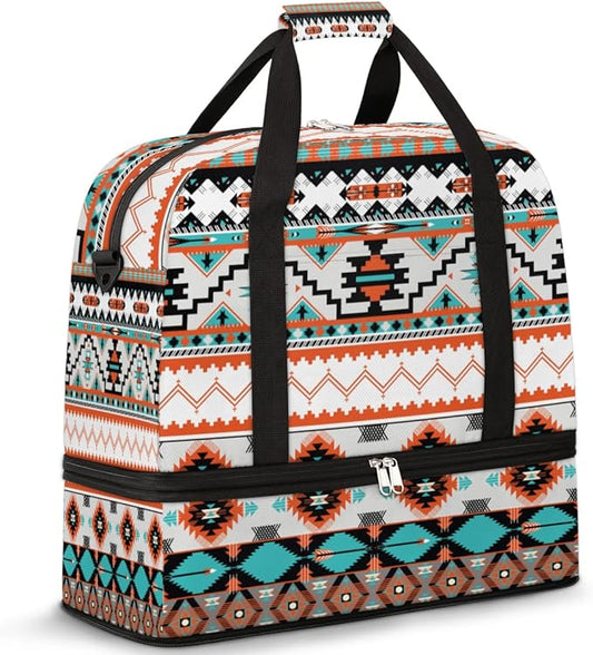 Ethnic Aztec Geometric Foldable Travel Duffel Bag Sports Tote Gym Bag With Shoe Compartment For Woman Man Carry On Luggage Overnight Travel Weekend Yoga Workout Bag Training Handbag