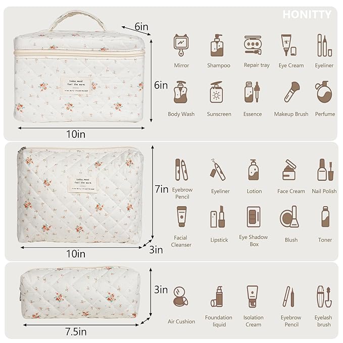 Makeup Bag,Quilted Cosmetic Bags,Large Floral Make Up Organize bag,Makeup Bag Set for Women,Flower Travel Toiletry Bag