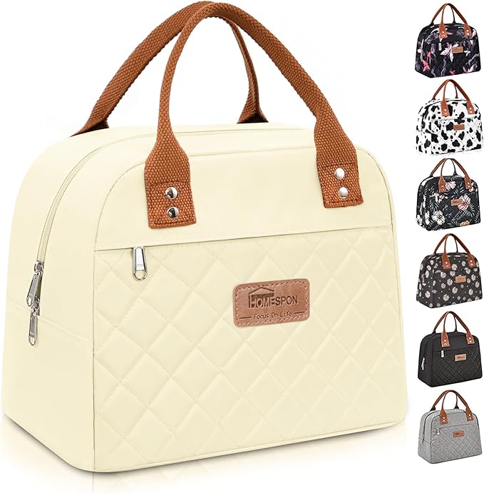 HOMESPON Insulated Lunch Bag for Women Men Adults Lunch Tote with Front Pocket Lunch Box Container Cooler Bag for Work Picnic (Beige)
