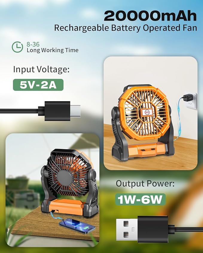 Portable Battery Operated Fan with LED Lantern, 20000mAh Outdoor Small Rechargeable Quiet Camping Fan, Personal Desk Fan Cooling Table Fan with Hanging Hook for Picnic Barbecue Fishing Travel (Orange)
