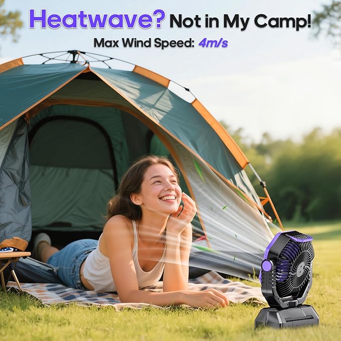 AJVV Camping Fan Rechargeable, Battery Powered Fan With Remote Controller, LED Light, Dual-Blade, Stepless Speed, 45°/90°/270° Swing,Timer, Portable fan For Travel/Tent/Beach/Fishing,Violet
