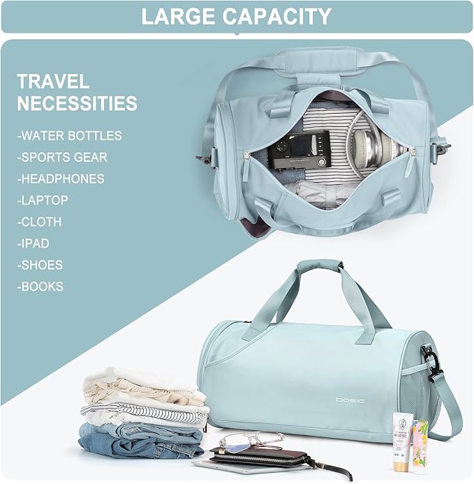Gym Bag for Women & Men with Wet & Shoe Compartment, Small Duffle Bag for Travel, Sport, Gym, Workout, Overnight, Weekender, Carry-on - Light Blue