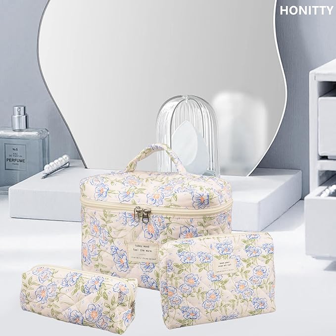 Makeup Bag,Quilted Cosmetic Bags,Large Floral Make Up Organize bag,Makeup Bag Set for Women,Flower Travel Toiletry Bag