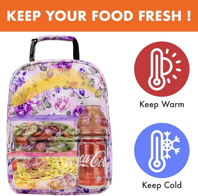 opux Lunch Box for Girls Boys Kids, Insulated Leakproof Lunch Bag, Reusable Teen Lunch Boxes for School, Medium Large lunchbox for Women Men Adult for Work with Front Back Pocket (Floral Purple)