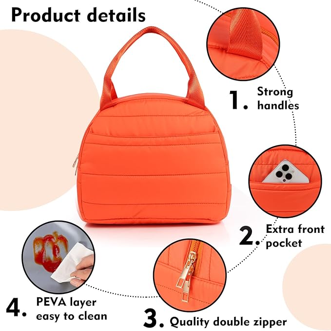 Lunch Bag Lunch Box for Women Men Adult Insulated Cute Small Quilted Puffer Lunchbox Reusable Thermal Lunch Cooler Tote Bag for Work, Picnic or Travel-Orange