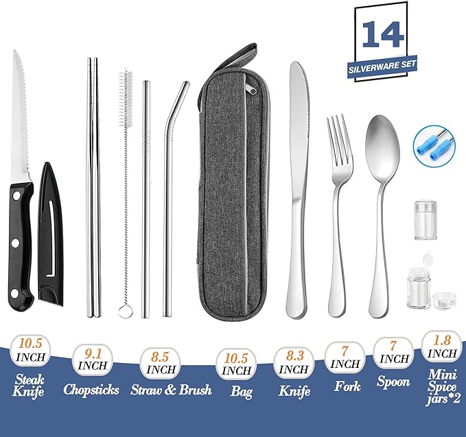 Portable Reusable Travel Utensils Silverware With Case, Camping Cutlery Set, Chopsticks and Straw, Flatware With Case, Stainless Steel Top (Silver)