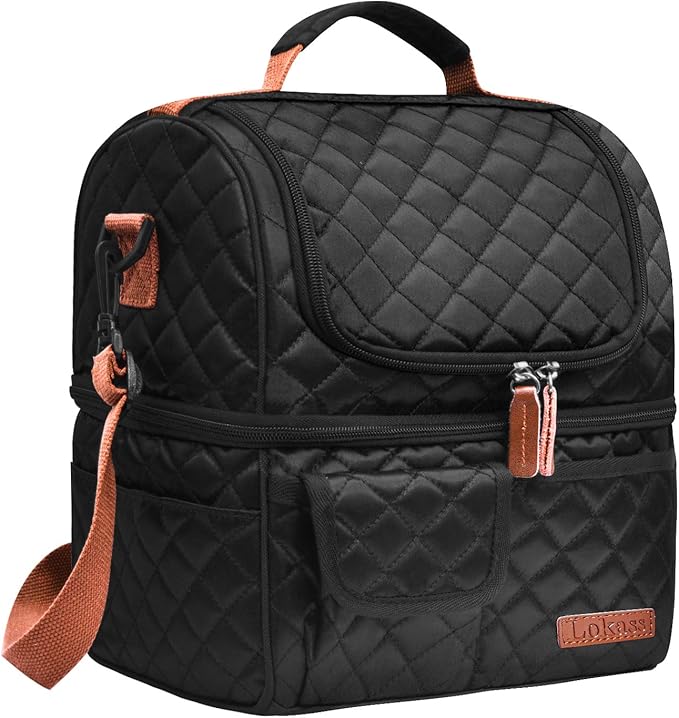 LOKASS Lunch Bags for Women Double Deck Insulated Lunch Box Large Cooler Tote Bag with Removable Shoulder Strap Wide Open Thermal Meal Prep Lunch Organizer for Men Adults Work Picnic, Black-Square