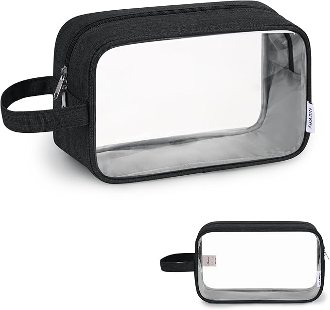 Narwey Clear Travel Toiletry Bags for Traveling Toiletries Men Women, Clear Makeup Bag Cosmetic Bag with Zipper, Make Up Pouch Organizer Bags with Handle, Skincare Bag (Black)