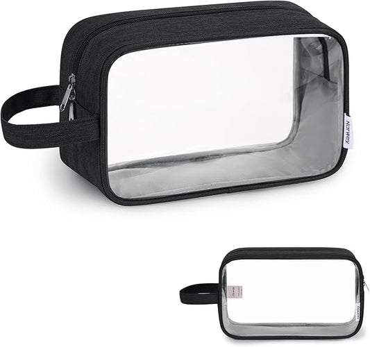 Narwey Clear Travel Toiletry Bags for Traveling Toiletries Men Women, Clear Makeup Bag Cosmetic Bag with Zipper, Make Up Pouch Organizer Bags with Handle, Skincare Bag (Black)