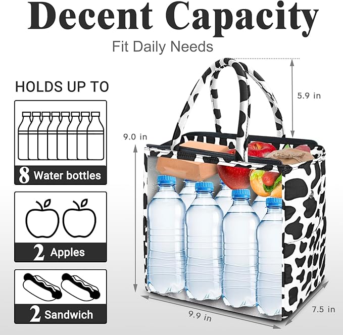 Coobiiya Stylish Quilted Puffer Lunch Box Lunch Bag for Women Men, Ultralight Thickened Leakproof Lunch Cooler Tote, Adult Small Cute Reusable Insulated Lunch Box for Work, Office, Travel (Cow)