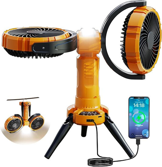 Solar Camping Fan Rechargeable,6000 mAh Battery Powered Automatic Oscillating Tent Fans with 4 Solar & LED Light Panals,Portable Camping Essentials for Canopy,Fishing,Travel,Outdoor,Yellow