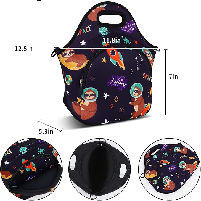 Violet Mist Neoprene Lunch Bag Insulated Lunch Bag Tote Cute Large Thermal Lunchbags with Pocket Detachable Adjustable Shoulder Strap Lunchbox Food Handbags Gifts for Women Men Adult, Space Sloth
