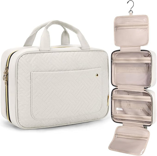 BAGSMART Toiletry Bag Travel Bag with Hanging Hook, Water-resistant Makeup Cosmetic Bag Travel Organizer for Accessories, Shampoo, Full Sized Container, Toiletries (Beige, Large)