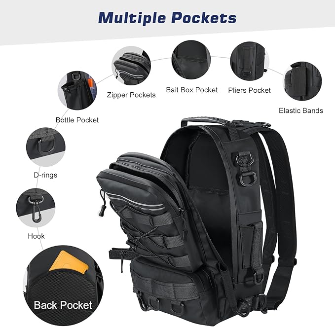 MoKo Fishing Backpack Sling Bag with Rod & Gear Holder, Nylon Waterproof Fishing Tackle Storage Bag for Fishing