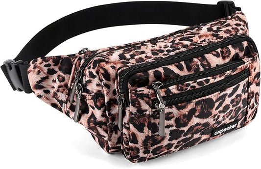 Oxpecker Waist Pack Bag with Rain Cover, Waterproof Fanny Pack for Men&Women, Workout Traveling Casual Running Hiking Cycling, Hip Bum Bag with Adjustable Strap for Outdoors (Leopard print)