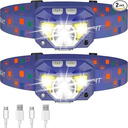 LHKNL Headlamp Flashlight, 1200 Lumen Ultra-Light Bright LED Rechargeable Headlight with White Red Light,2-Pack Waterproof Motion Sensor Head Lamp,8 Modes for Outdoor Camping Running Fishing- Blue
