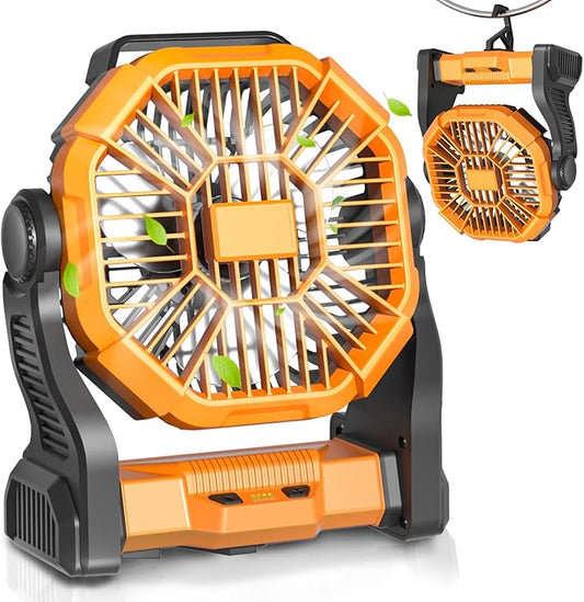 Portable Battery Operated Fan with LED Lantern, 20000mAh Outdoor Small Rechargeable Quiet Camping Fan, Personal Desk Fan Cooling Table Fan with Hanging Hook for Picnic Barbecue Fishing Travel (Orange)