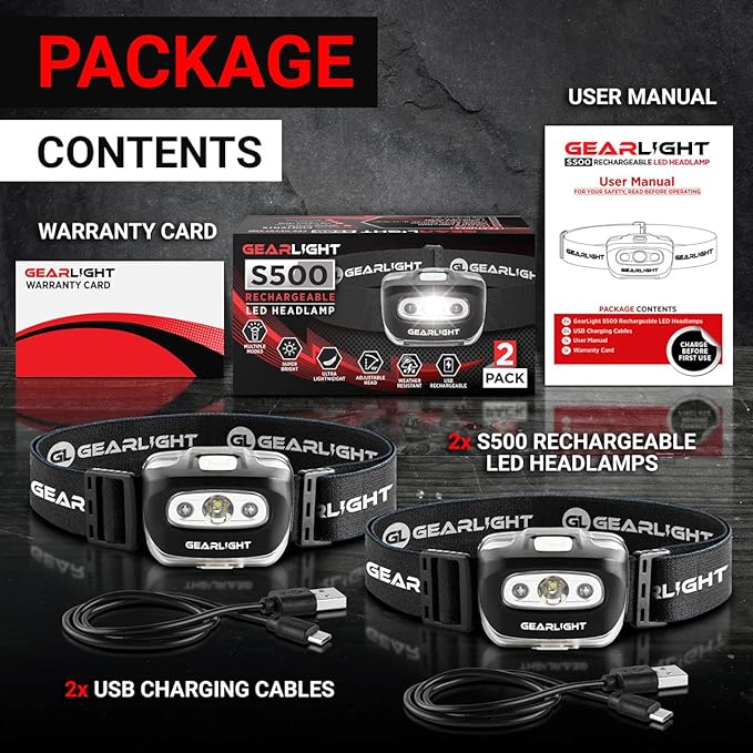 GearLight USB Rechargeable Headlamp Flashlight - S500 Running, Camping, and Outdoor LED Headlight Camping Headlamps - Head Lamp Light for Adults, Kids, Emergency Gear [2 Pack]