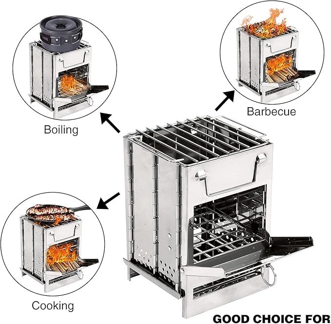 REDCAMP Wood Burning Folding Camp Stove Stainless Steel Grill, Portable Collapsible Backpacking Stove Survival Rocket Stove for Hiking Outdoor Tent Camping Picnic BBQ, Samll