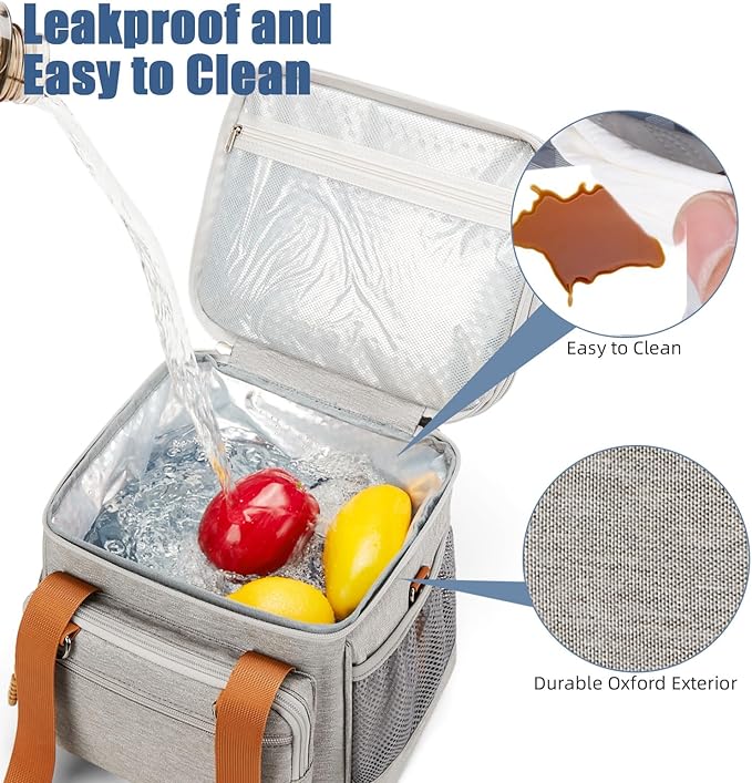 Insulated Lunch Box for Men/Women: Reusable Lunch Bag for Work Office Daytrip Picnic Beach - Leakproof Cooler Tote Bag Organizer for Adults - Light Gray