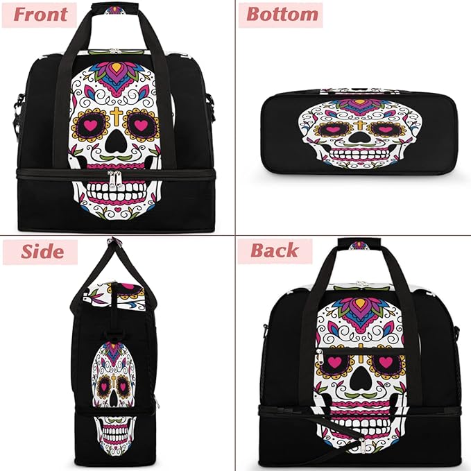 Sugar Skull Mexican Foldable Travel Duffel Bag Tote Carry On Luggage Sports Gym Bag With Shoe Compartment For Woman Man Overnight Weekend Yoga Workout Bag Training Handbag
