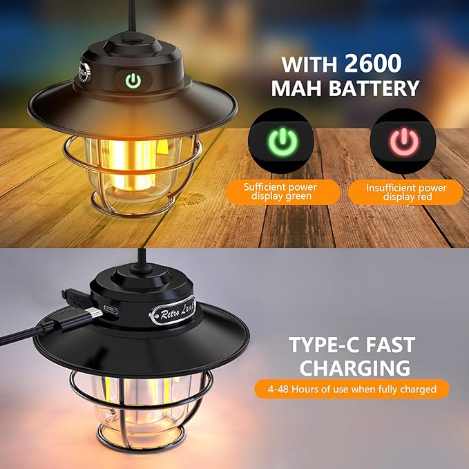 Camping Lantern, Portable Camping Light, Rechargeable Lanterns 4 Light Modes(1300-6500K), Adjustable Brightness, Waterproof Tent Lantern LED Lanterns for Power Outages, Camping, Fishing