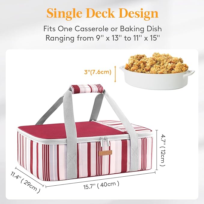 Insulated Casserole Carrier for Hot or Cold Food, Lasagna Lugger Tote for Potluck Parties/Picnic/Cookouts, Fits 9"×13" Baking Dish, Red