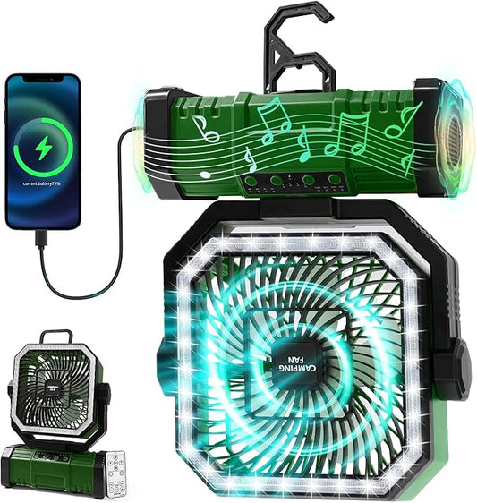 20000mAh Portable Camping Fan, Rechargeable Battery Operated Oscillating Tent Fan W/Bluetooth Speaker, Remote Control, 4 Speeds, LED lights & 360° Rotation Hook for Outdoor RV Travel, Green