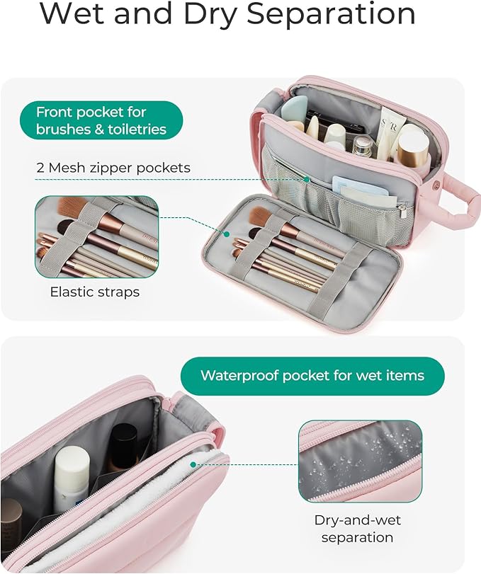 BAGSMART Travel Toiletry Bag for Women, Puffy Cosmetic Makeup Bag Organizer, Large Wide-open Travel Organizer for Toiletries, Dopp Kit Water-resistant Makeup Case for Accessories-Black