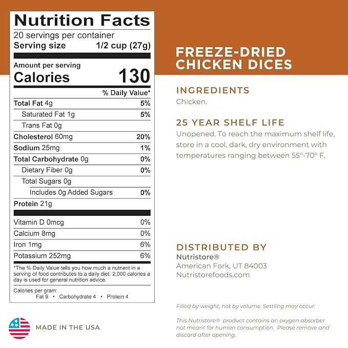 Nutristore Freeze Dried Chicken, Emergency Survival Bulk Food Storage, Premium Quality Meat, Perfect for Lightweight Backpacking or Home Meals, USDA Inspected