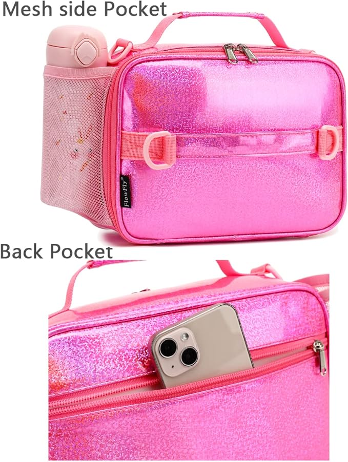 FlowFly Kids Lunch Bag, Durable Insulated School Lunch Box with Shoulder Strap and Bottle Holder, Water-resistant Thermal Small Lunch Cooler Tote for Teen Boys & Girls,Pink#PU