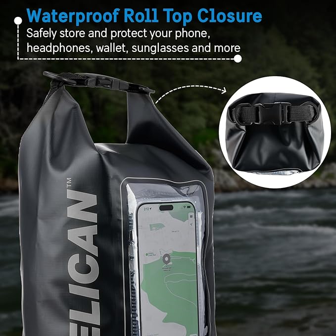 Pelican Marine IP68 Waterproof Dry Bag 5L - Roll Top Waterproof Backpack w/Phone Case/Pouch - Boating & Kayak Accessories - Essentials for Camping Swimming Beach Fishing Rafting Travel - Black