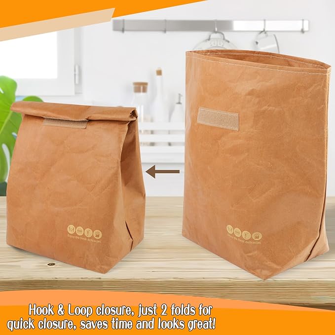 2 Pcs Insulated Brown Paper Lunch Bags, Reusable Lunch Bag Large Retro Sacks Thermal Insulation Food Storage Handbag with Velcro for Adults Office Work Picnic Travel Snacks - 7.8"L x 5.9"W x 11.8"