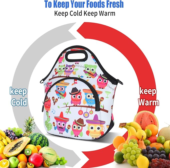 Violet Mist Owl 4 Neoprene Lunch Bag Reusable Insulated Cartoon Meal Holder with Adjustable Shoulder Strap, 12.6"L x 11.8"H x 6.3"W