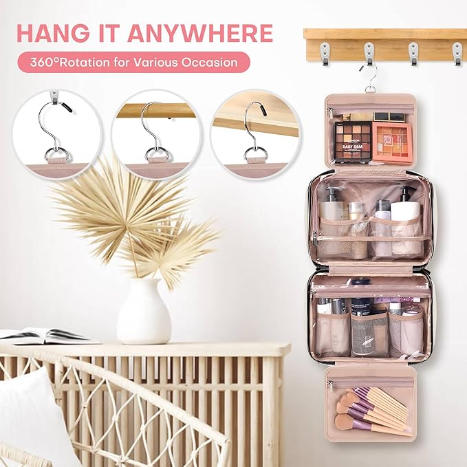 Travel Size Toiletry Bag for Women, Portable Cosmetic Bag with Hanging Hook, Travel Essentials Water-resistant Makeup Organizer for Accessories, Shampoo, Full-size Container, Toiletries