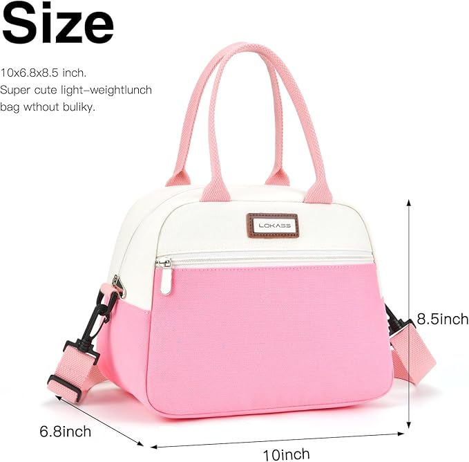 LOKASS Lunch Box for Women-Insulated Adults Lunch Bag with Front Pocket-Small Cute Lunch Tote for Work-Reusable Cooler Bag for Office Picnic Beach or Travel (Pink