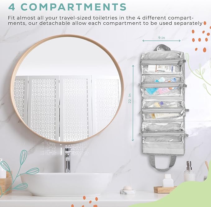 4-in-1 Hanging Toiletry Bag | Roll-up Makeup Organizer With 4 Detachable PVC Zip Pouches| Travel Toiletry Bag, 600D Oxford Fabric Material Organize Make up, Cosmetics