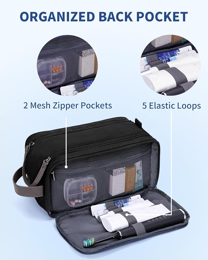 WANDF Toiletry Bag for Men Travel Toiletry Organizer Canvas and Leather Dopp Kit Water-Resistant Shaving Bag for Travel Accessories (Black, Patent Pending)