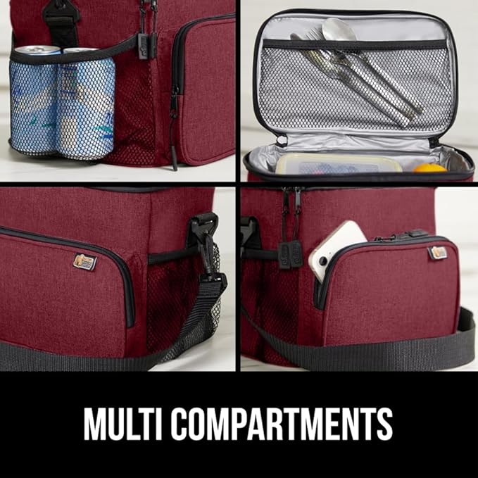 GORILLA GRIP Reusable Insulated Lunch Box Bag for Women Men, Large Leakproof Soft Cooler Bags, Multiple Compartments, Mesh Pockets, Adjustable Strap, Food Tote Keeps Drinks Cold, 8L, 10x9, Burgundy