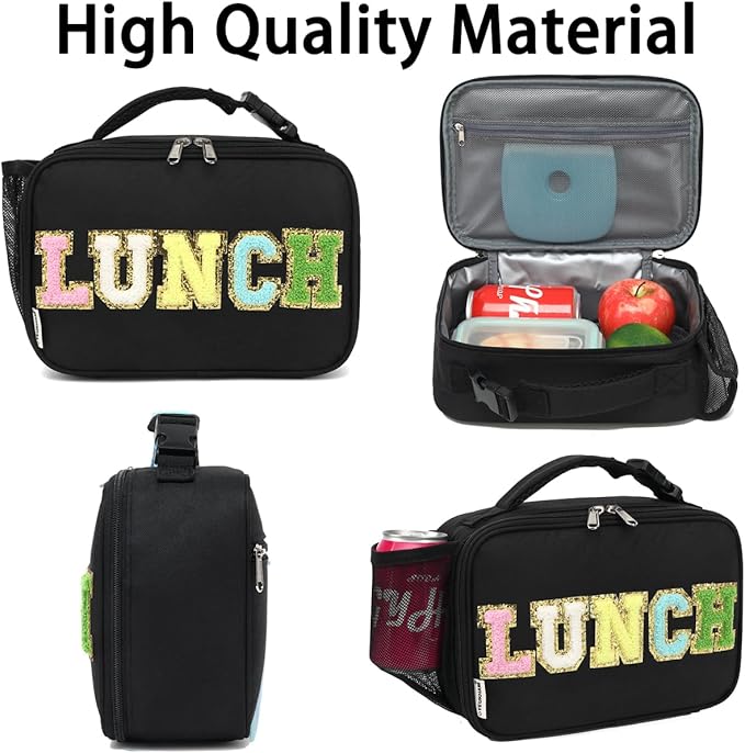 Insulated Lunch Box for School, Thermal Reusable Durable Freezable Lunch Bags for Kids Boys Girls Men Women - Small Soft Cooler Portable Lunch Tote Kit for Work Picnic Travel,Black Alphabet