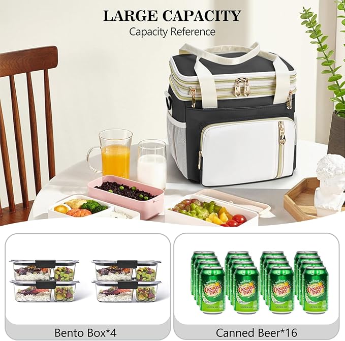Lunch Box & Lunch Bag for Women Men, Large Insulated Adult Lunch Box Leakproof Lunchbox Cooler Bag for Work Picnic Beach,16L, Black & White