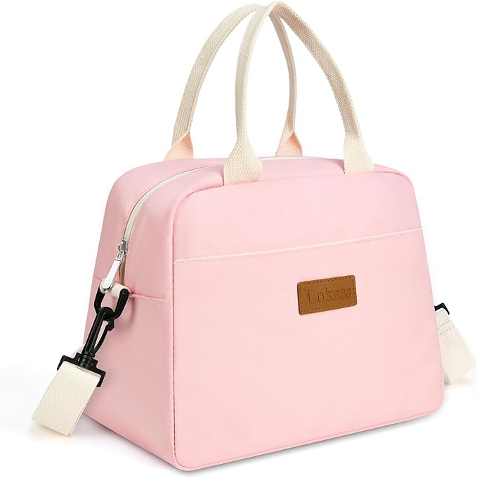 LOKASS Lunch Bag for Women-Insulated Adults Lunch Box with Front Pocket- Small Cute Lunch Tote for Work-Reusable Cooler Bag for Office Picnic Beach or Travel（pink）